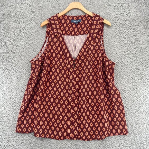 ModCloth 2X Plus Brown Pattern Sleeveless Collared V Neck Blouse Pullover Casual - Picture 1 of 10